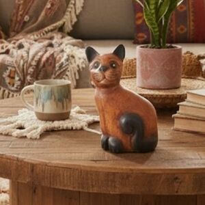 Vintage MCM Wooden Carved Cat Kitten Figure Boho Gift Decor